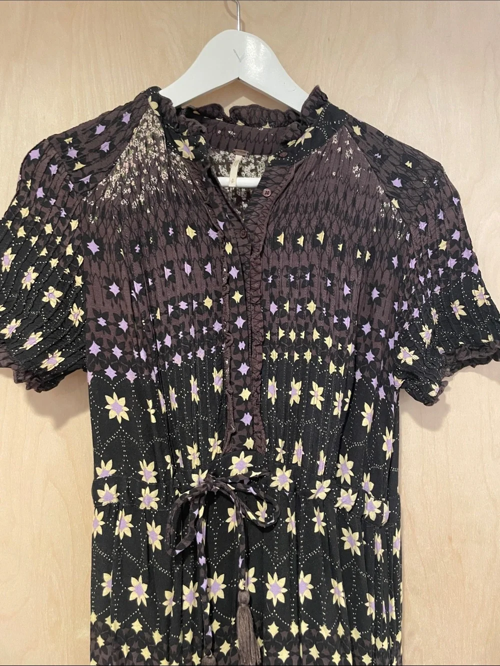 Free People Rare Feelings Brown Maxi Dress with Purple and Cream Floral Pattern
